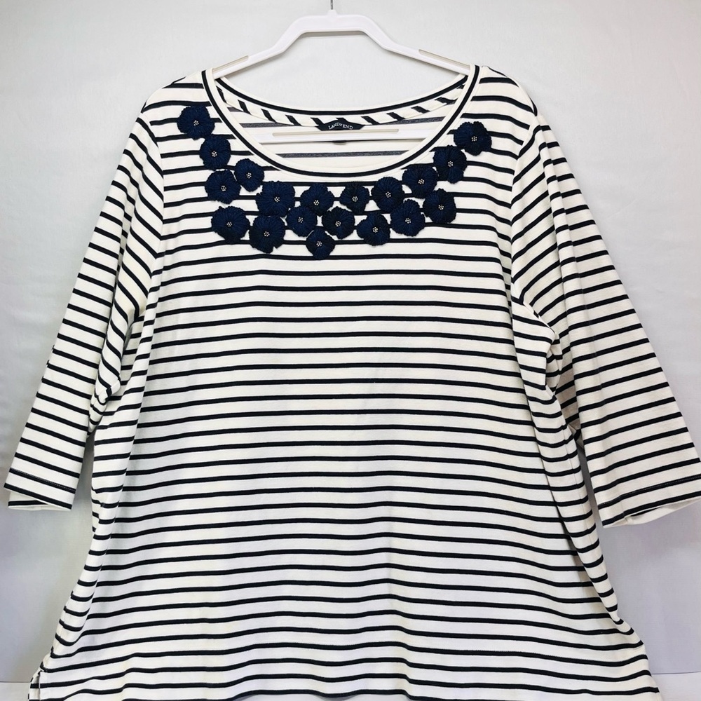 Lands' End Navy and White Striped Long Sleeve Tee with Floral Neckline